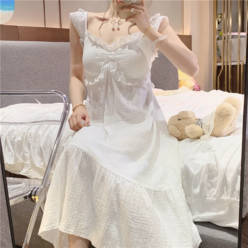 Sweet Wavy Lace Decoration Padded Suspender Nightgown for Women Long Style Summer 2024 New Pajamas Home Wear Set Drop Shipping