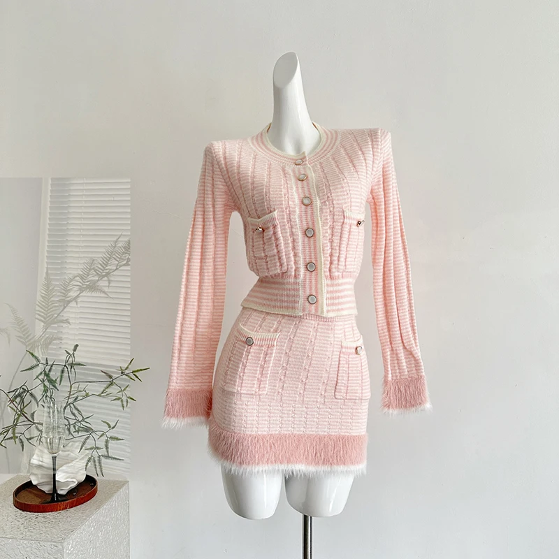 Heavy Industry Splicing Knitted Top+High Waist Slimming Half Skirt Women's Small Fragrant Style Gentle Two Piece Set