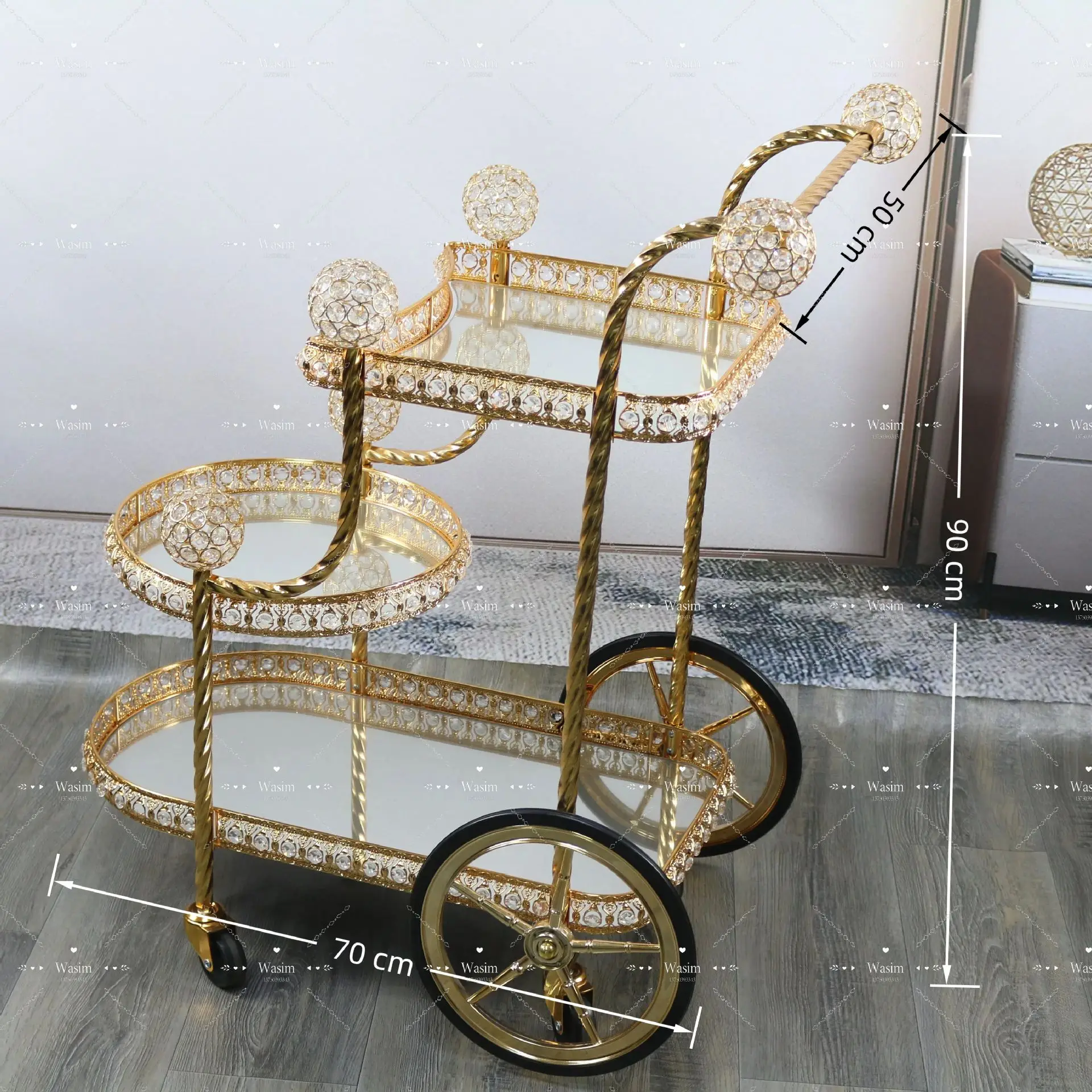 Golden dining cart, three-tier wine cart, European high-end handcart, storage rack, storage cart, glass