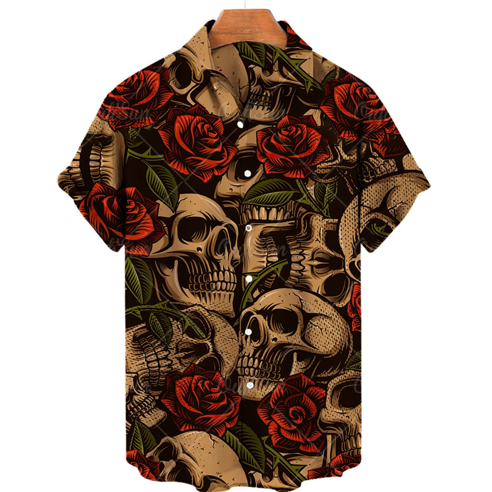 

American Men's Casual Trendy Short Sleeve Turn-down Collar Printed Loose Shirts Male Single-breasted Clothes Tops for Beaches