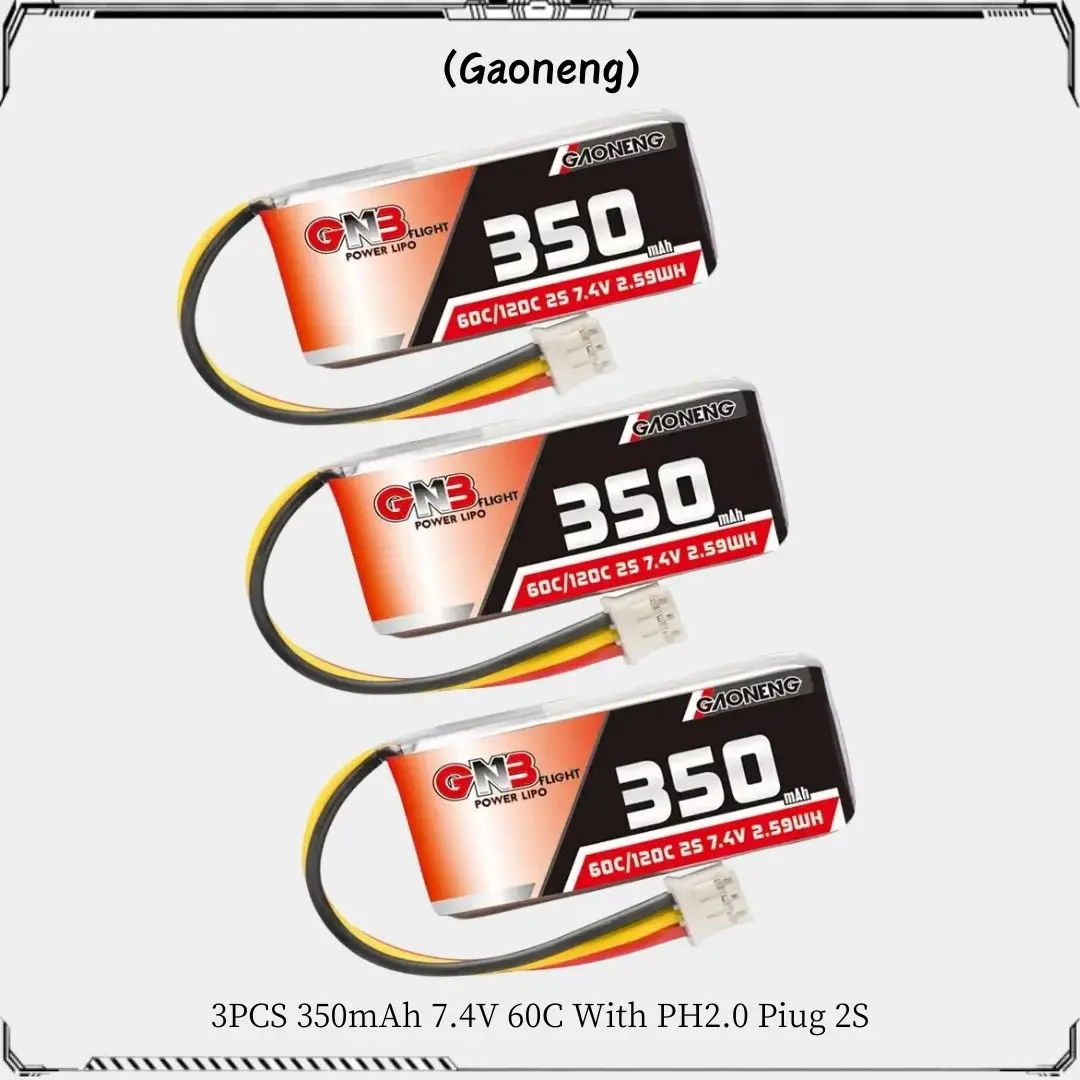 Novo 3 pçs gwb gaoneng 2s 350mah 7.4v 60c bateria lipo com plugue ph2.0 para betafpv beta75x minúsculo whoop drones carro pequeno