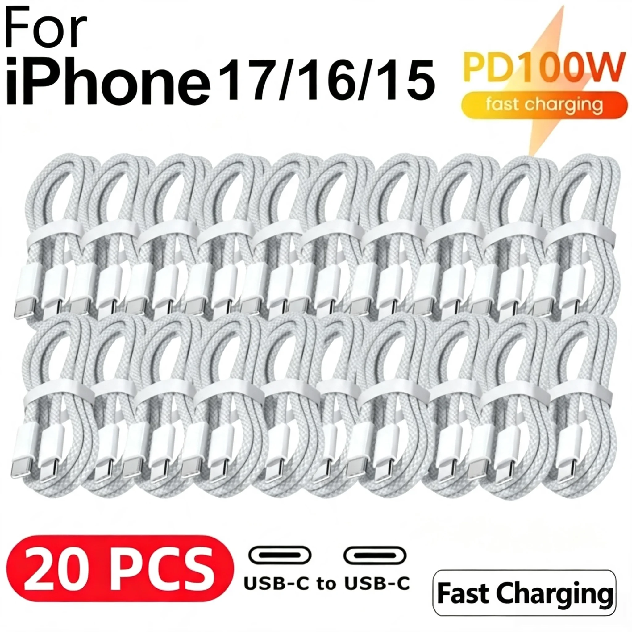 20PCS 100W USB C Cable to USB Type C 100W Fast Charging Charger Cable For iPhone 17 Xiaomi Huawei Samsung Phone USBC Data