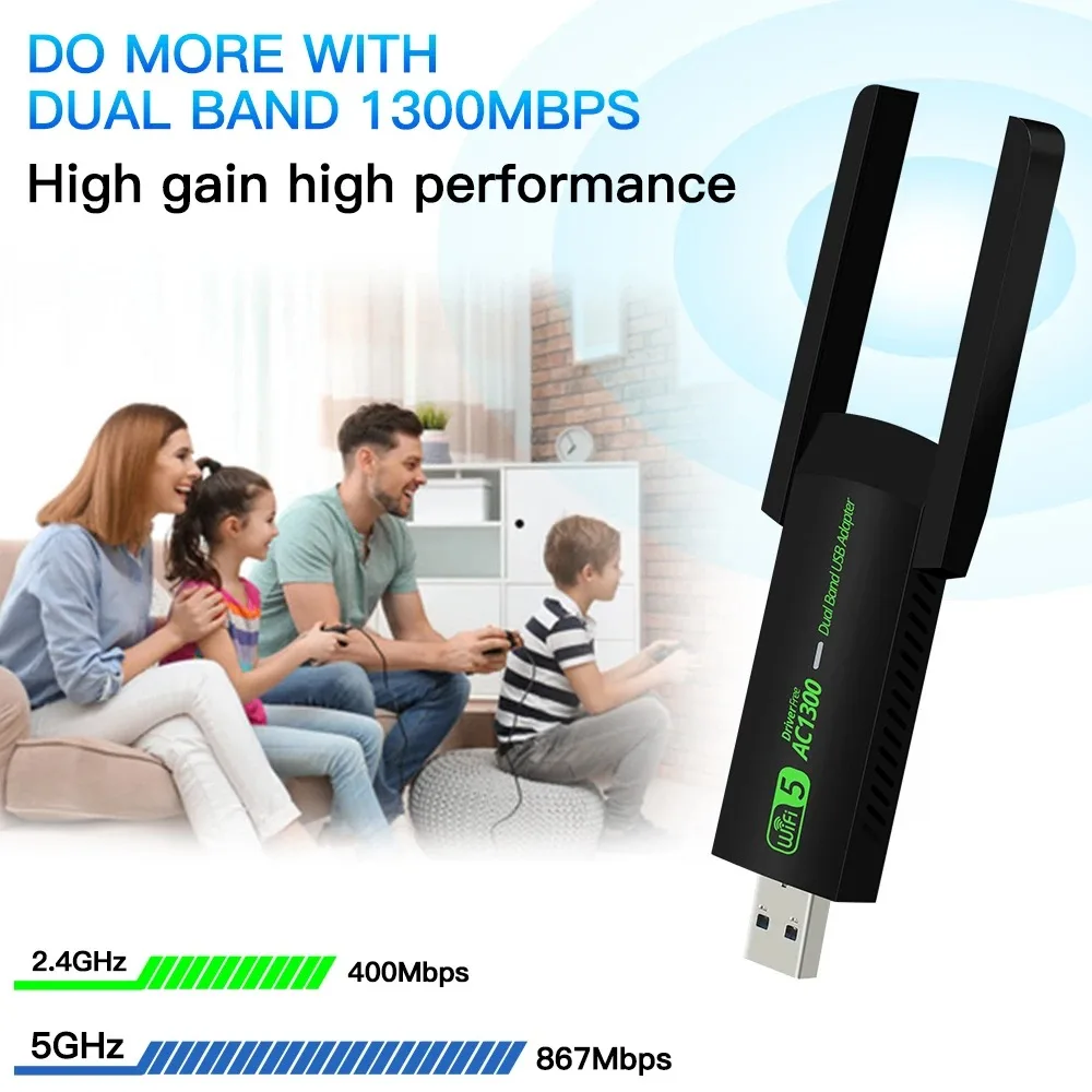 1300Mbps USB WiFi Adapter AC1300 WiFi 5 Ethernet Network Card Dual Band 5G 2.4G USB3.0 WiFi Dongle for PC Laptop WiFi Receiver