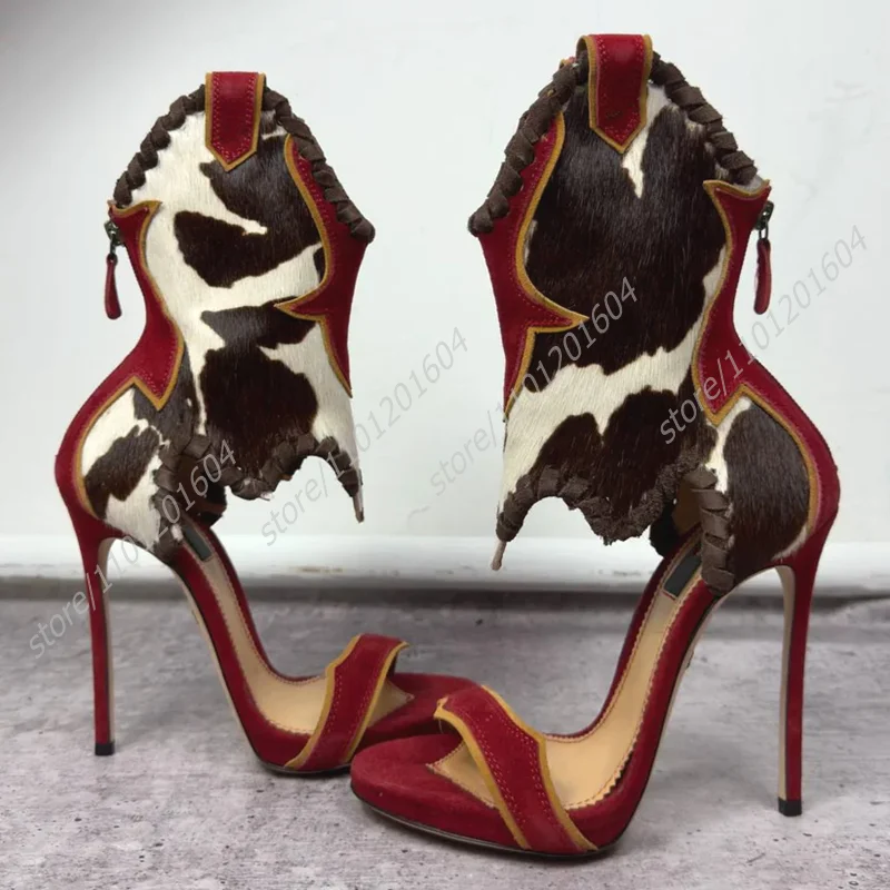 

Suede Hair Graffiti Fabric Stiletto Sandals Women Wine Red Corduroy Woven Print Open Heels Calf Ankle Wrap Back Zipper Lace Shoe