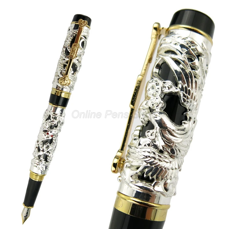 

Jinhao Vintage Black & Silver Dragon And Phoenix Carving Embossing Medium Nib Fountain Pen Professional Office Stationery