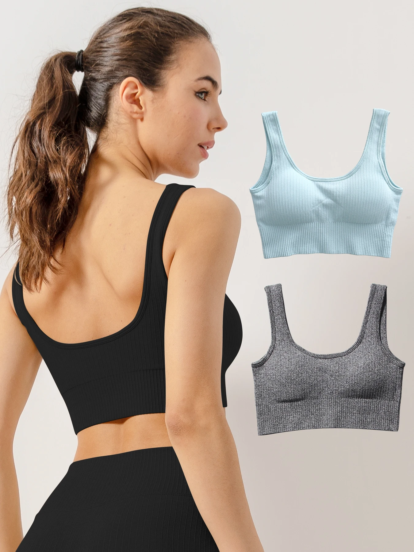 3 قطع من القمصان الرياضية المريحة بدون خياطة - حمالات صدر مضلعة مع وسادات قابلة للإزالة، وأشرطة واسعة، غير سلكية