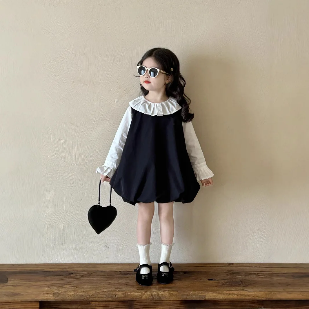 

Children's Korean Dress 2025 Spring and Autumn New Children's Clothing Girls Black Vest Skirt Children's Pleated Collar Shirt