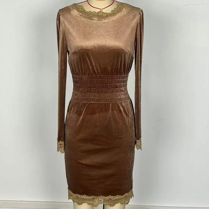 Mode O-hals Gedrapeerde Fluwelen Midi-jurk Dames Casual Lange Mouw Effen Feestjurk Elegante Kant Splitsen Taille Wrap Hippe Jurk