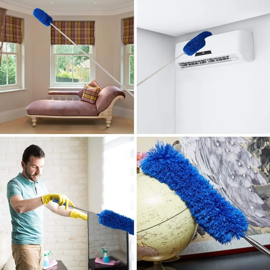 Espanador de teia de aranha com poste de extensão, kit de espanador de limpeza lavável com 2 cabeças de espanador e escova de canto ajustável de alumínio