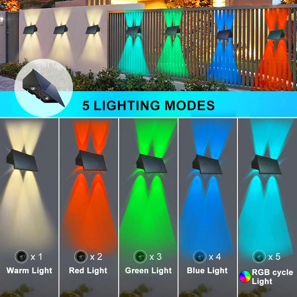 Imagem -03 - Solar Powered Outdoor Fence Lights up Down Luminous Lighting Rgb Decoração da Parede do Jardim Impermeável Quintal Lâmpadas Deck Pátio 4led