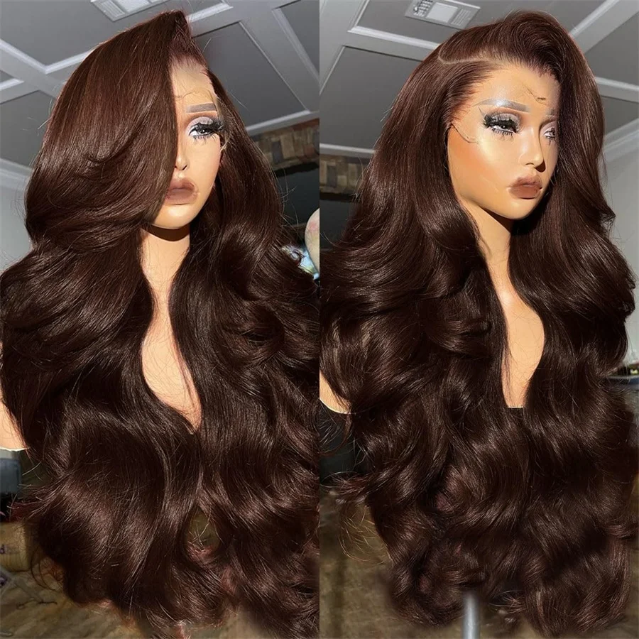 13x4 HD Transparent Lace Frontal Closure Wig Chocolate Brown Pre Plucked Hairline 200% Density Swiss Lace Human Hair Wigs