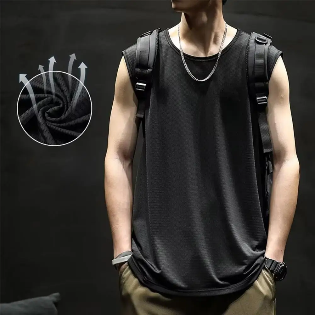 Elastic Men Vest Men's Summer O Neck Vest Breathable Gym Tank Top for Exercise Sports Loose Elastic Pullover Pure Color Men Vest