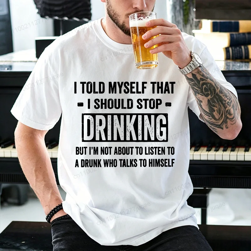 Lustiges Trink-Shirt T-Shirt „Ich habe mir gesagt, ich soll nicht mehr trinken“ Grafik-T-Shirt Oberteile Geschenk für Bierliebhaber Frauen Männer Kurzarm – Detail 2