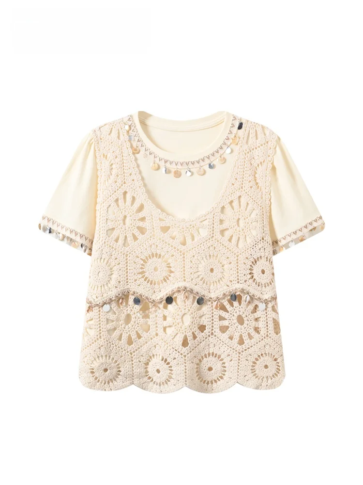 

plus Size Short Sleeve T-Shirt Vest Women Summer New Style Casual Fashion Youthful Set Fat Sister Hollow out Leisure Ensemble