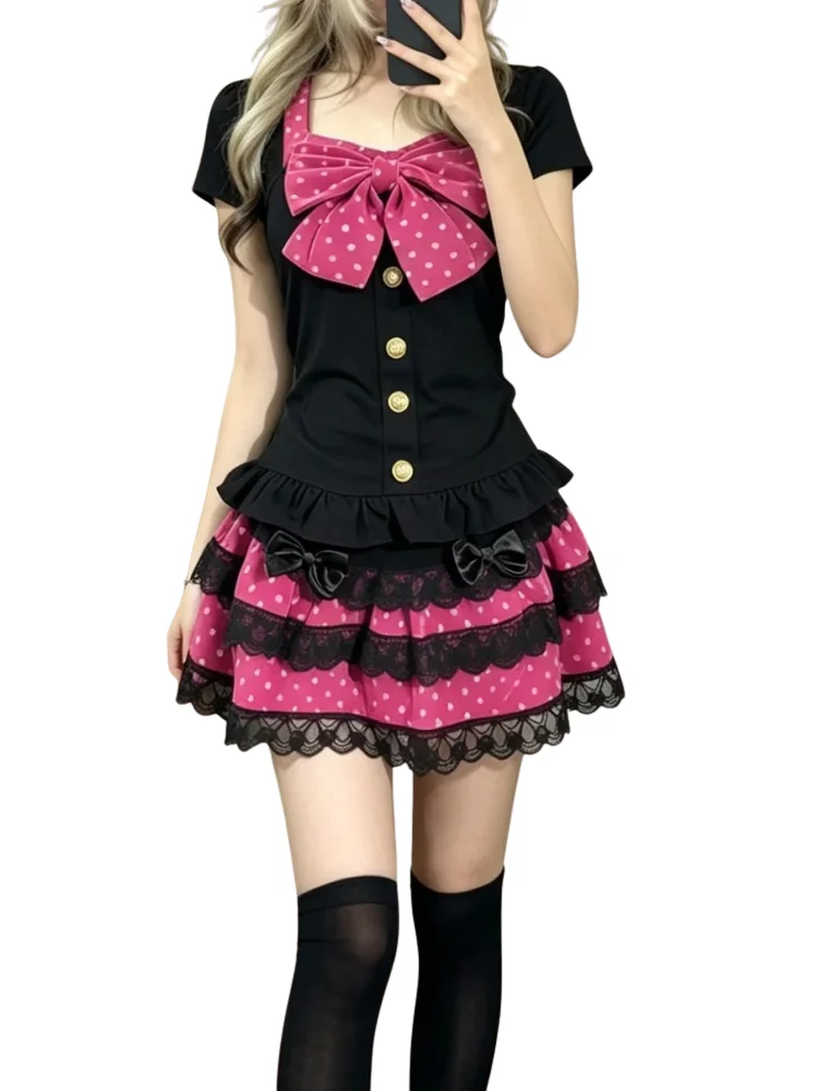 Harajuku Gothic Vintage Polka Dot Skirt 2 Piece Set Women Clothes Japanese Y2k Lolita Sweet Bow Top+Cake Mini Skirt Kawaii Set