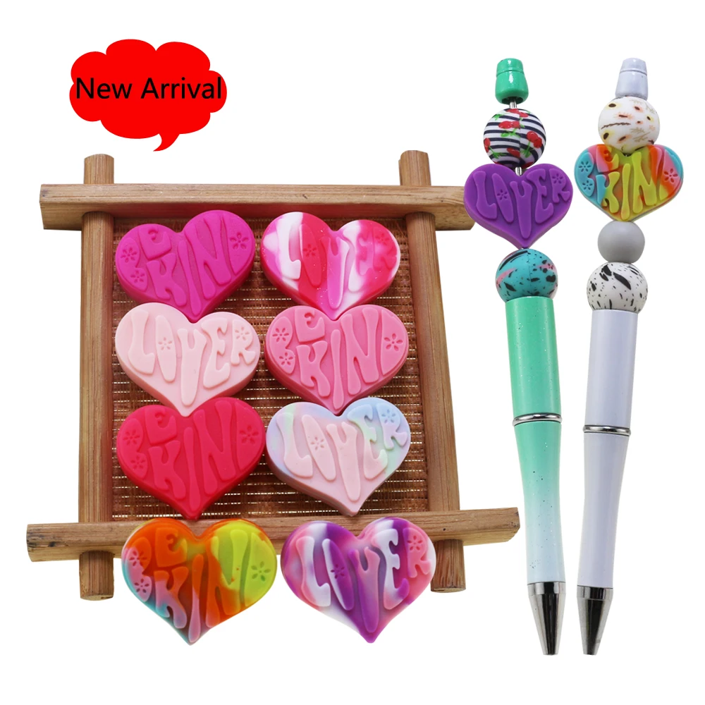 2024 New 10Pcs Valentine Red Pink Colorful Be Kind Heart Lover Both Sided Love Focal Silicone Beads For Pens Making Jewelry