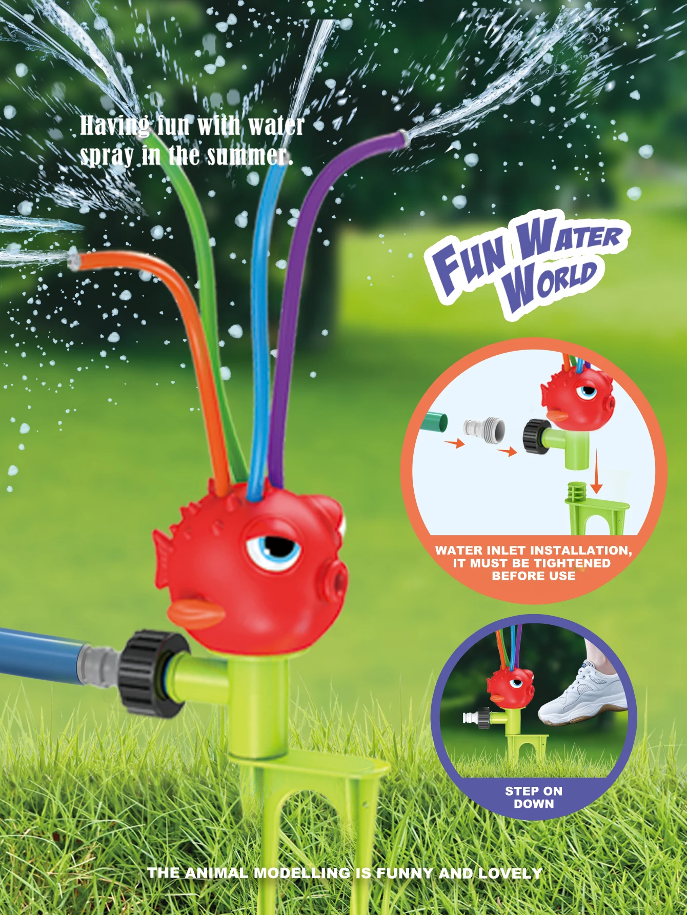 Children\'s sprinklers with 4 swing hoses Children\'s sprinklers attach to garden hoses Spray up to 8 feet deep