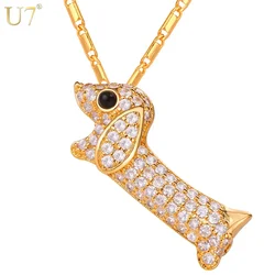 U7 Cubic Zirconia Sausage Dog Necklace for Men Women Cute Dachshund Wiener Dog Badger Animal Pet Lover Jewelry Gift QC24