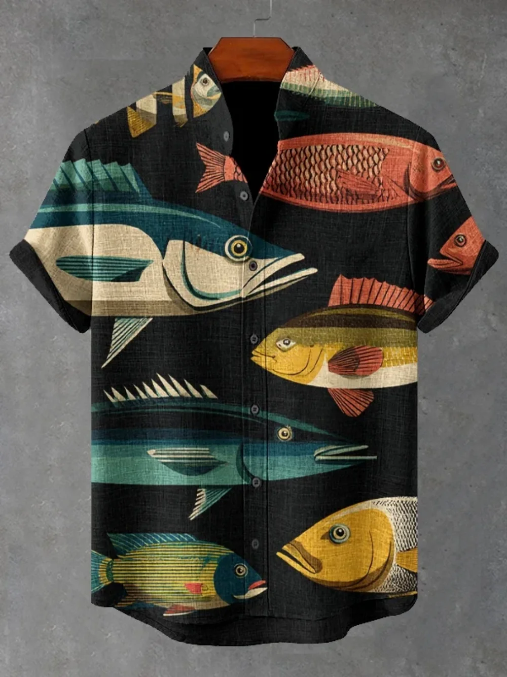 Men's Retro Fish School Print Shirt Short Sleeve Linen Stand up Collar Cardigan Summer Casual Breathable Vacation Top