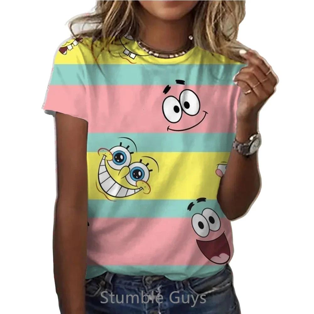 T-shirt à manches courtes à col rond pour femme, vêtements décontractés, impression de dessin animé 3D, Bob l'éponge mignon, chemise à la mode pour bébé