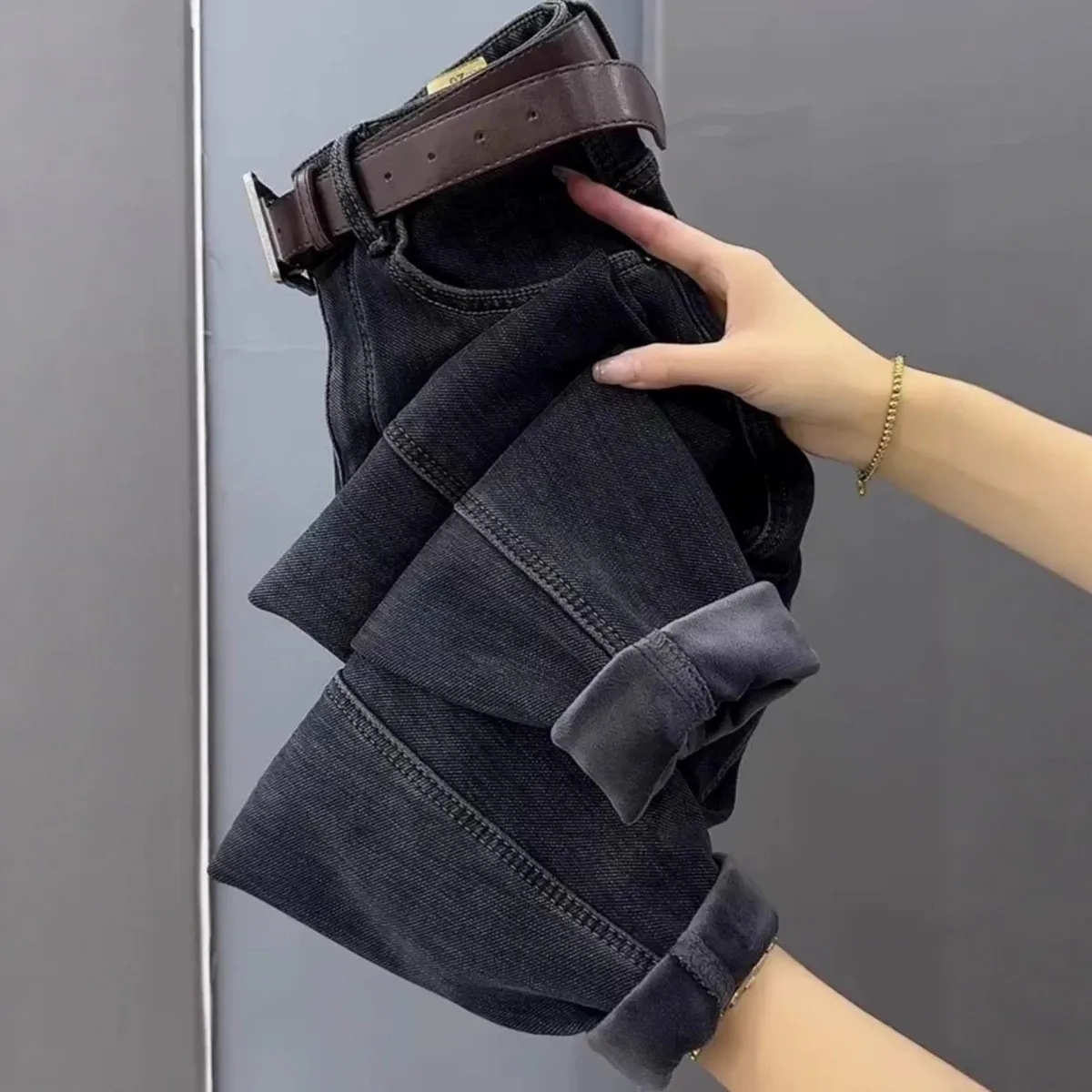 

Thickened Fleece Women's Jeans High Waist Slimming Bootcut Casual Cotton Winter Warm Loose Fit Chinese Style 2025 New Arrival