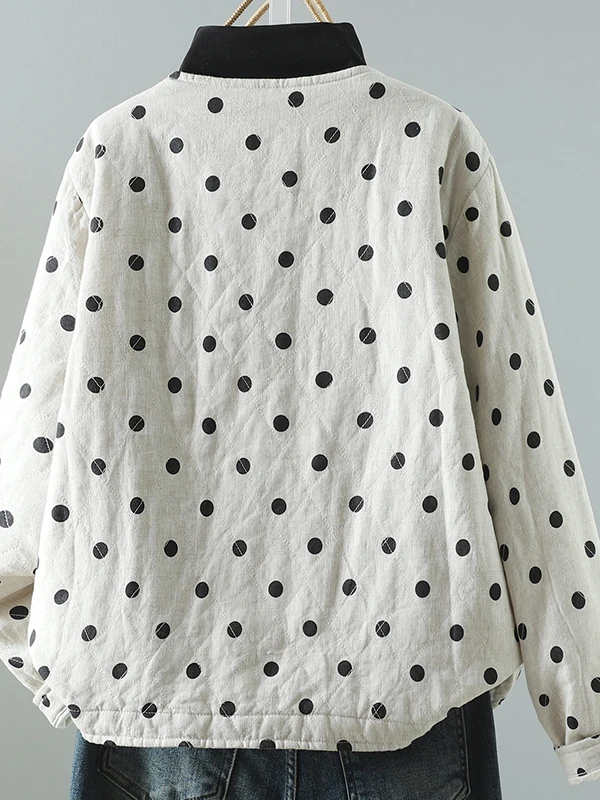 

2025 Autumn Winter Polka Dot Cotton Jaet Women's round Ne Loose Artistic Large Size Thin Cotton Outerwear Coat