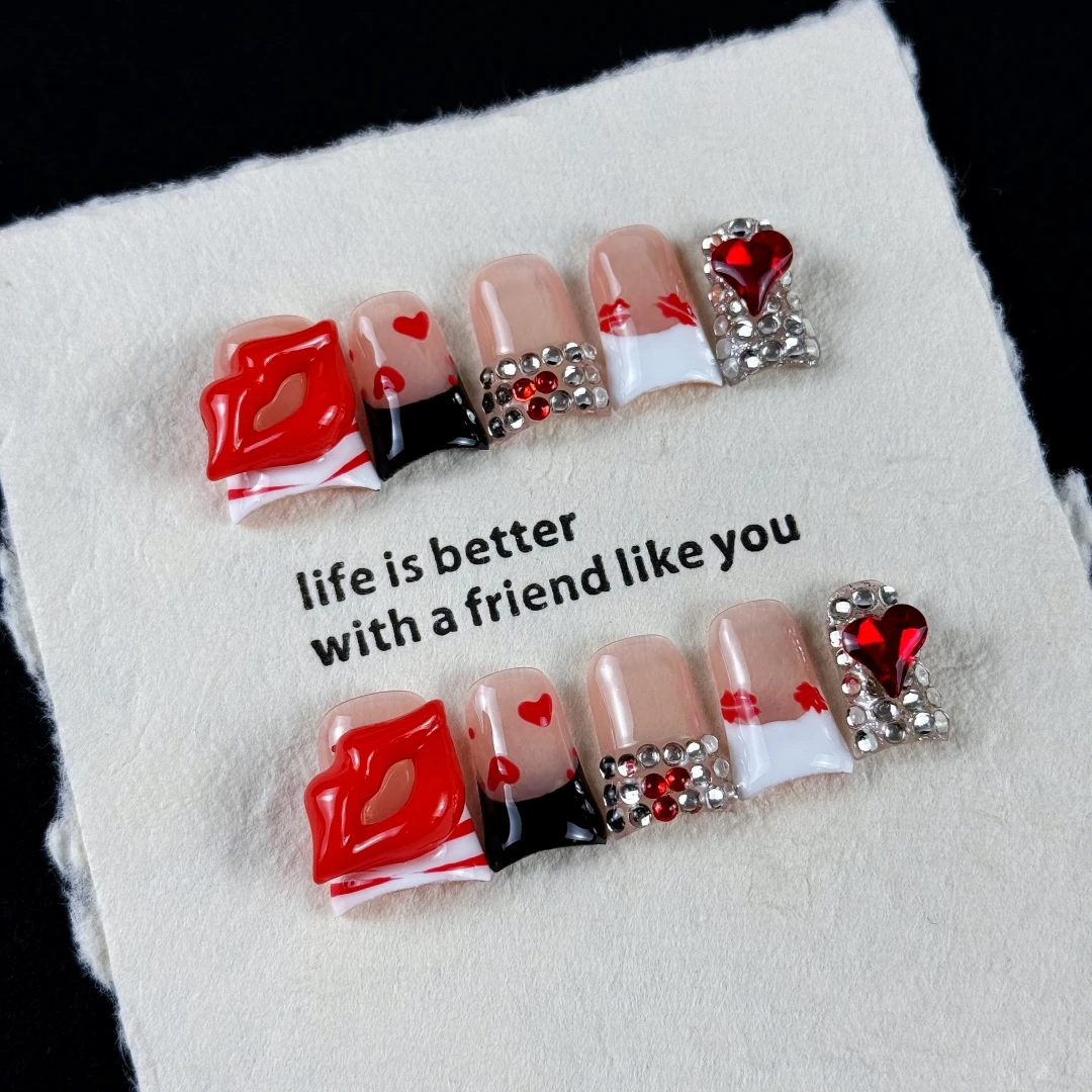 

10pcs high-end Sweet and cool girl style, hand-painted three-dimensional bright red lip, heart, and dazzling multi-diamonds hand