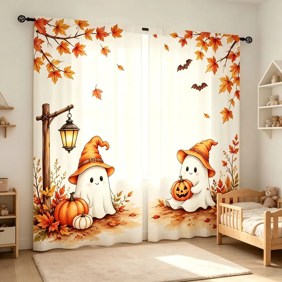 2PCS Digital Print Curtain, Cute Ghost Witch Hat Pumpkin Bat Fall Leaves, Halloween Spooky, for Living Room Bedroom Decor