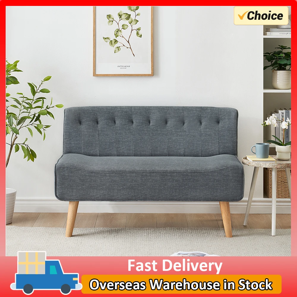 Modern Loveseat Sofa 2 Seater in Linen Upholstered Fabric and Wooden Legs for Small Spaces Living Room Bedroom Playroom