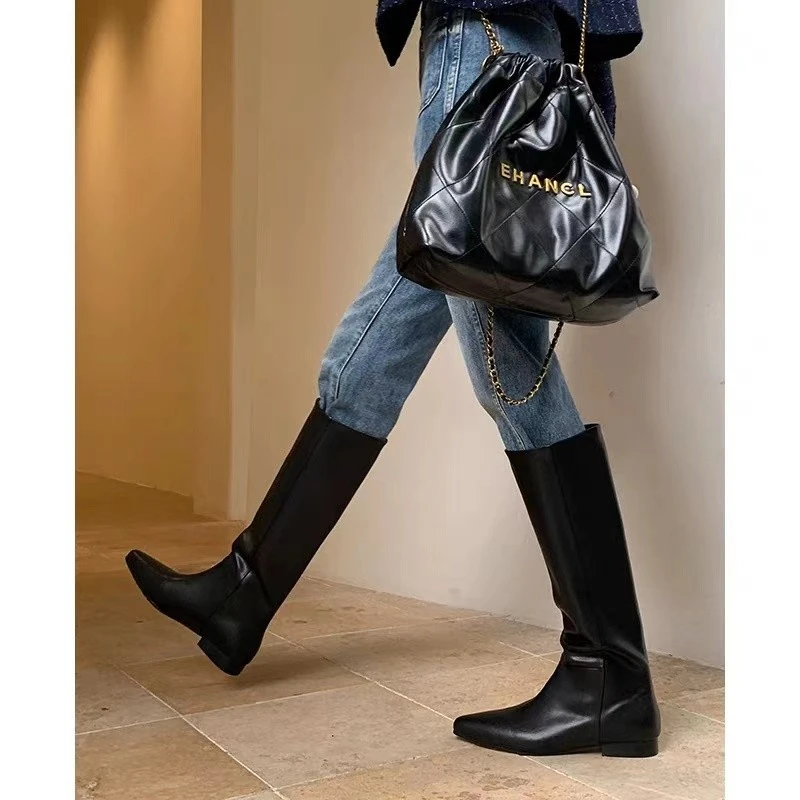 Designer Vintage Women Knee High Boots Fashion Slip On Long Booties Autumn Winter Low Heels Ladies Black Long Western Boots