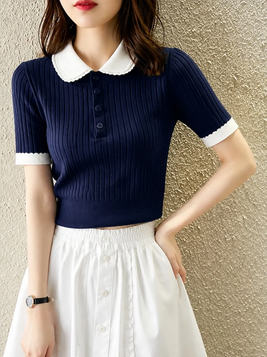 Korean Style Short Sleeve Knitted  Neck Top Color Block Design Versatile Slimming Women's Fashion Autumn New Arrival