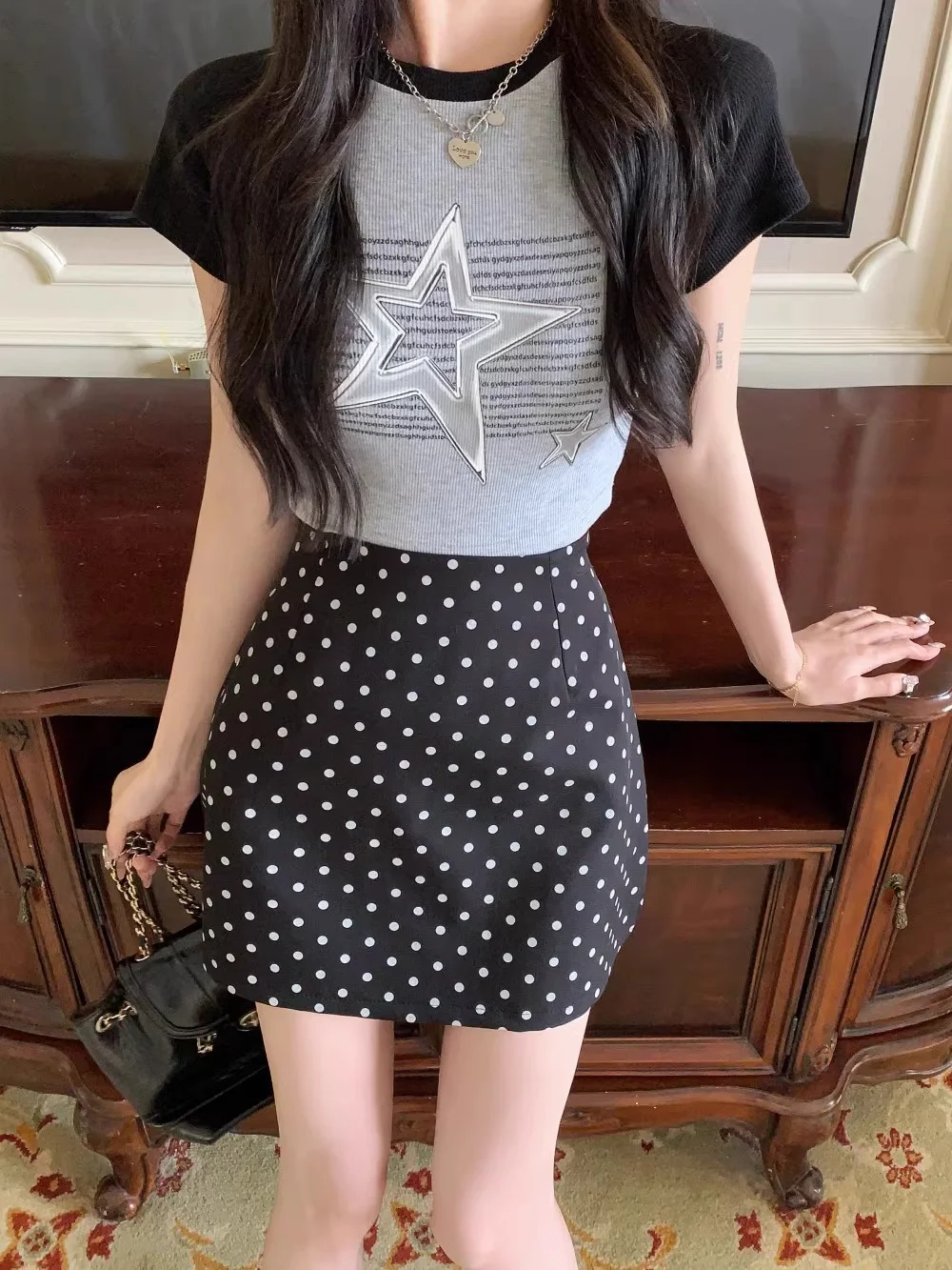 2025 Summer New High end Design Small Wave Dot Half Skirt High Waist slimming A-line Short Skirt Korean Fashion