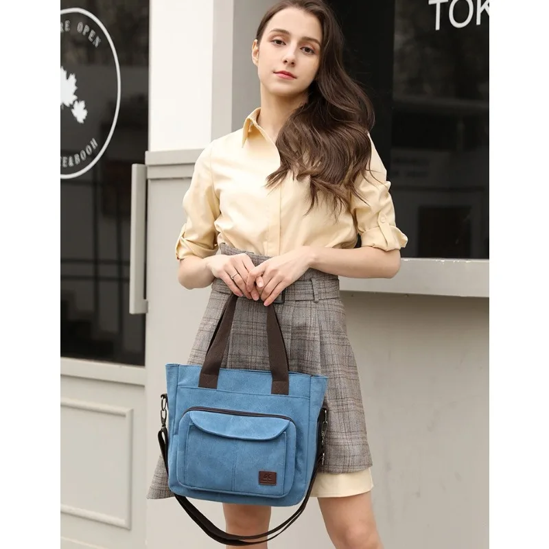 Large Women's Canvas Tote Purse Shoulder Small Handbag for Travel Work Multi-pocket Top Handle Work Messenger Bags with Zipper