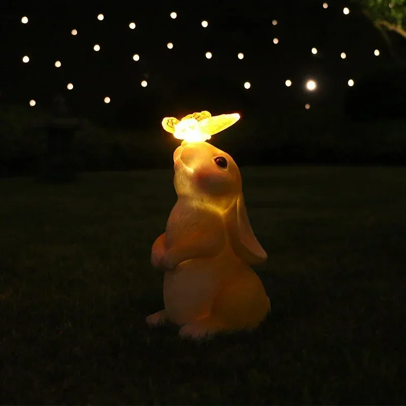 

Outdoor Garden Decorations Resin Rabbit with Solar Butterfly Light Animal Statue Figurines Patio Yard Lawn Porch Ornament Lamp