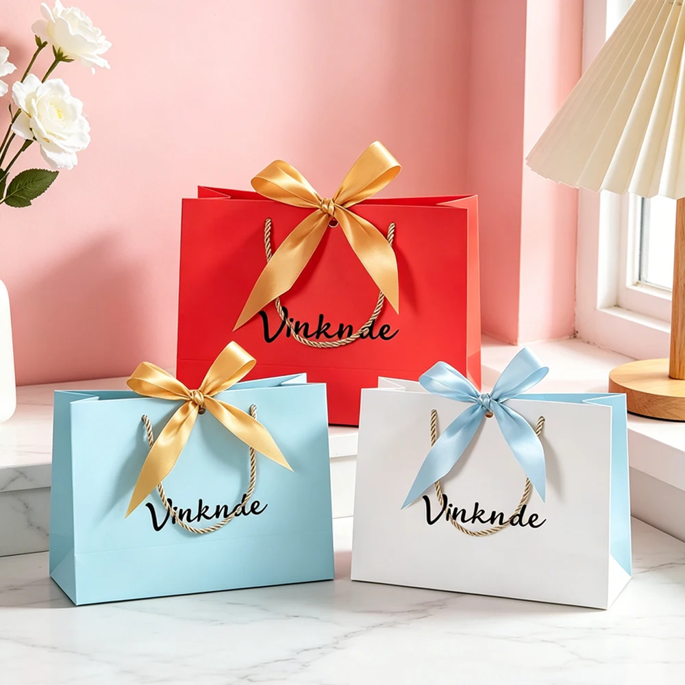 50 Bolsas de Regalo Personalizadas con Logotipo, Bolsas de Papel Kraft de Lujo con Lazo y Asa para Joyería, Cosméticos, Aceites, Compras, Bodas
