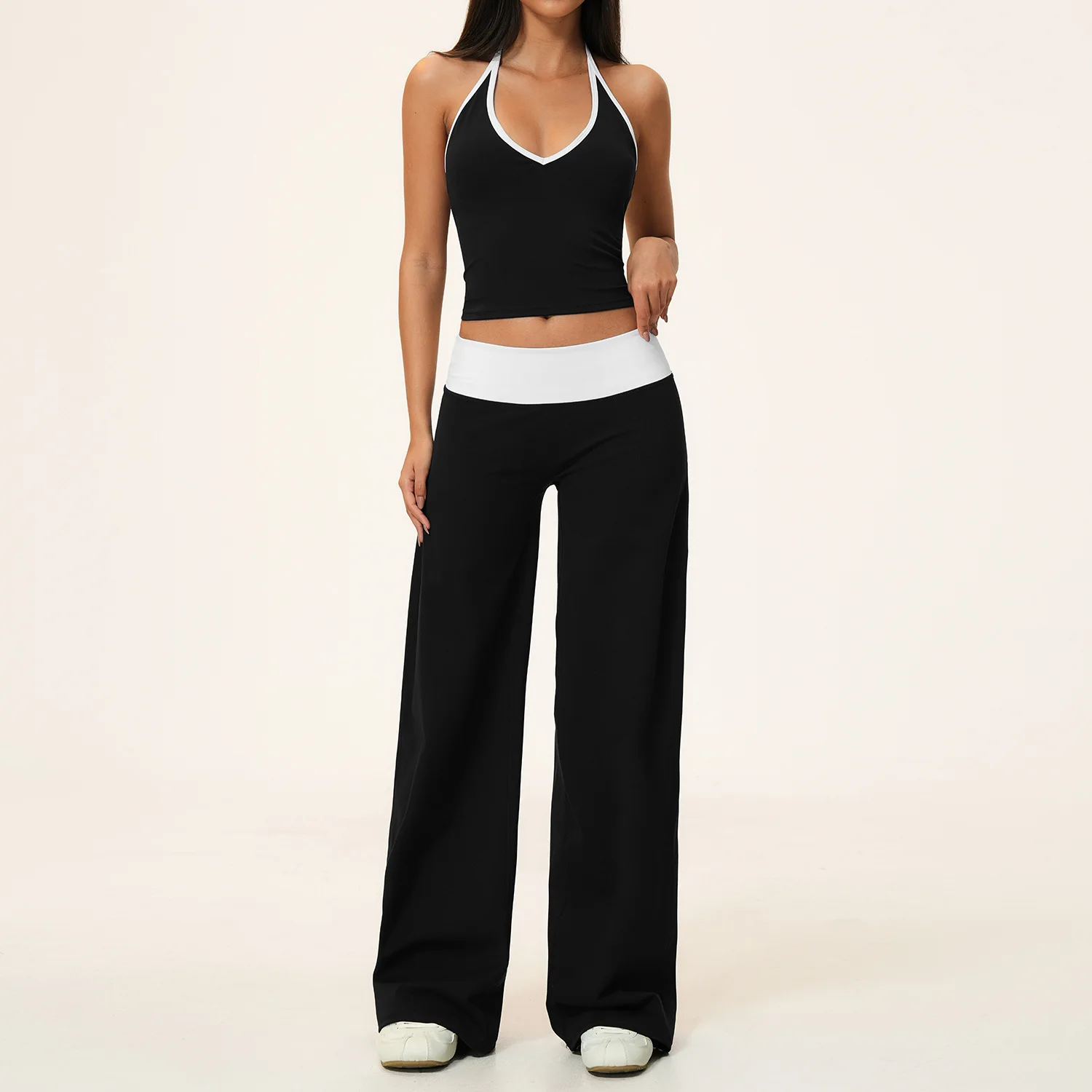 Women 2 Pieces Fitness Sports Set Yoga Outfit Sling Straps Deep V Neck Bra Woman Loose Wide Leg Pants Color Block Gym Suits