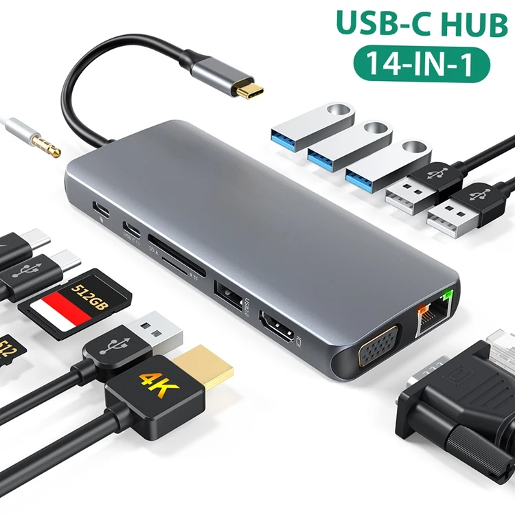 dodocool 14-in-1 USB C hub 4K USB C to VGA Gigabit Ethernet 100W PD SD/TF card reader Type-C