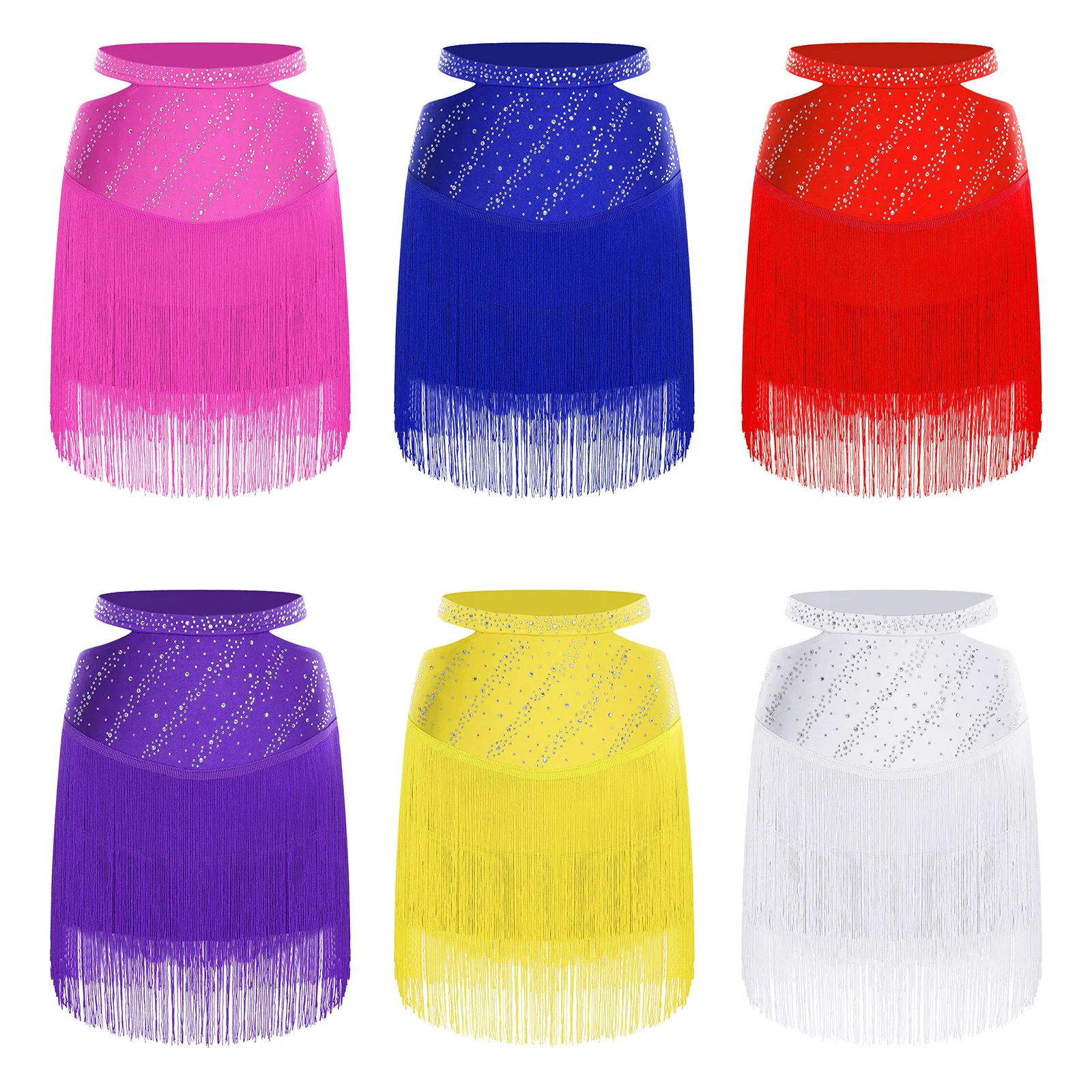 Womens Salsa Cha-Cha Latin Dans Rok Ballerina Prestaties Kostuum Uitsparing Elastische Tailleband Glanzende Steentjes Kwasten Rok