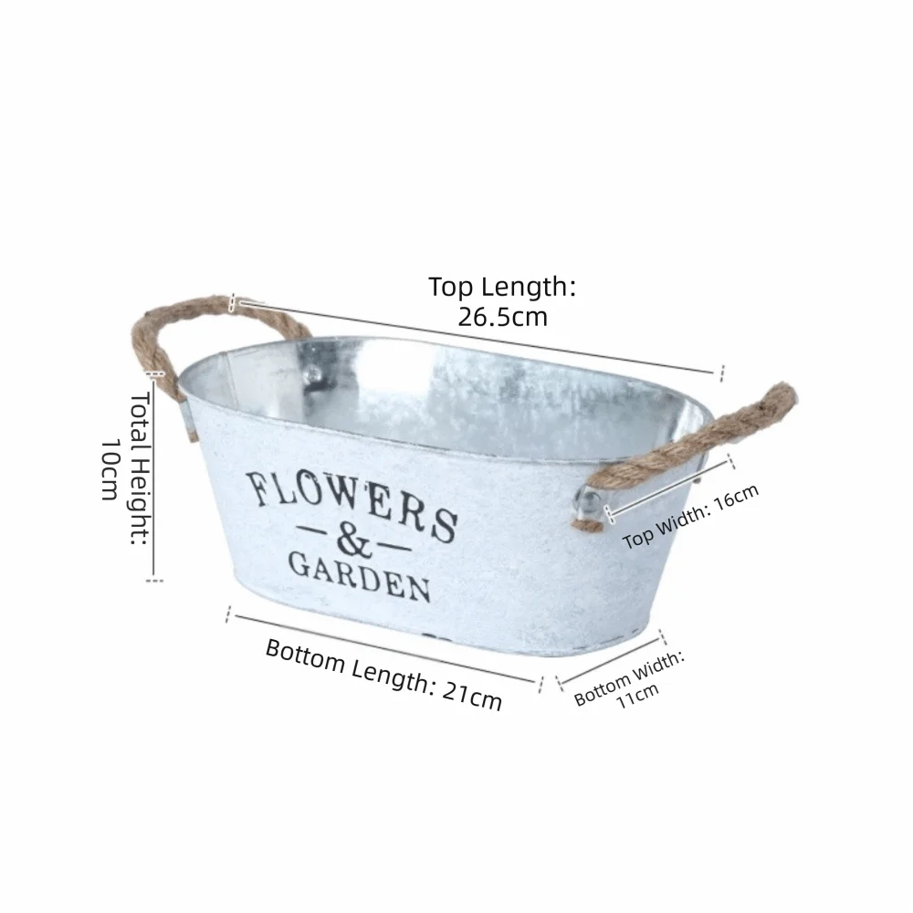 Durable Rustic Iron Oval Flowerpot European Style Wooden Handle Retro Flower Vase Pastoral Wooden Flower Bucket Storage