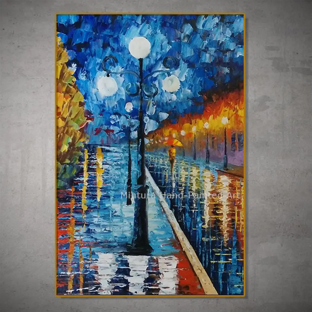 

Mintura,Artwork Handpainted Modern Landscape Quiet Night Street Thick Oil Painting On Canvas,Wall Art,Picture Bedroom Home Decor