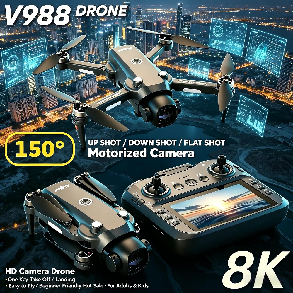 Original V988 Drone 8K HD Dual Camera Professional 5G WIFI FPV Remote control with large screen Foldable Quadcopter RC DronPlusX