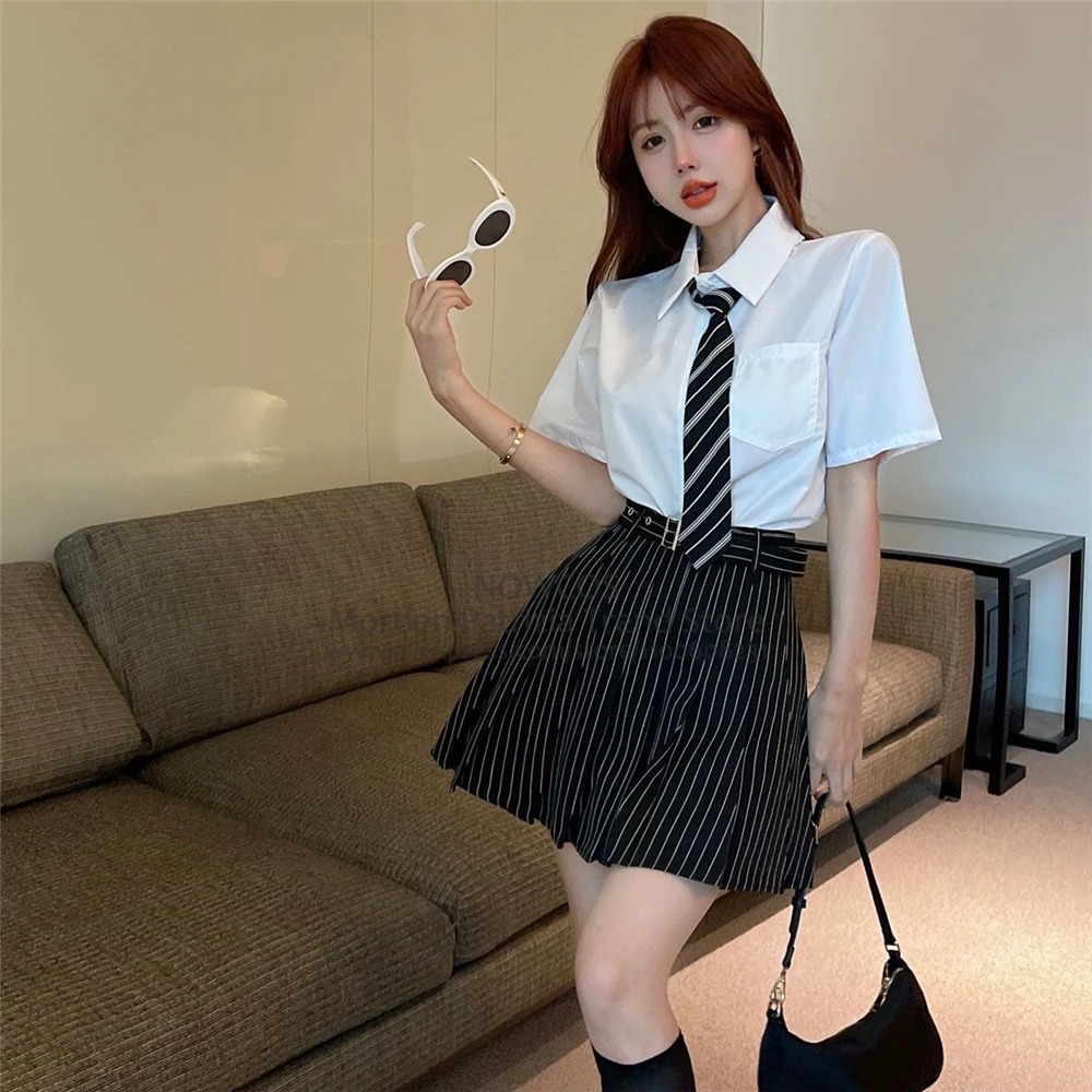 Japan Korean Student JK School Uniform Summer Cool Uniform Daily Two-piece Set Girls Black Stripped Skirt Belt Tie White Shirt