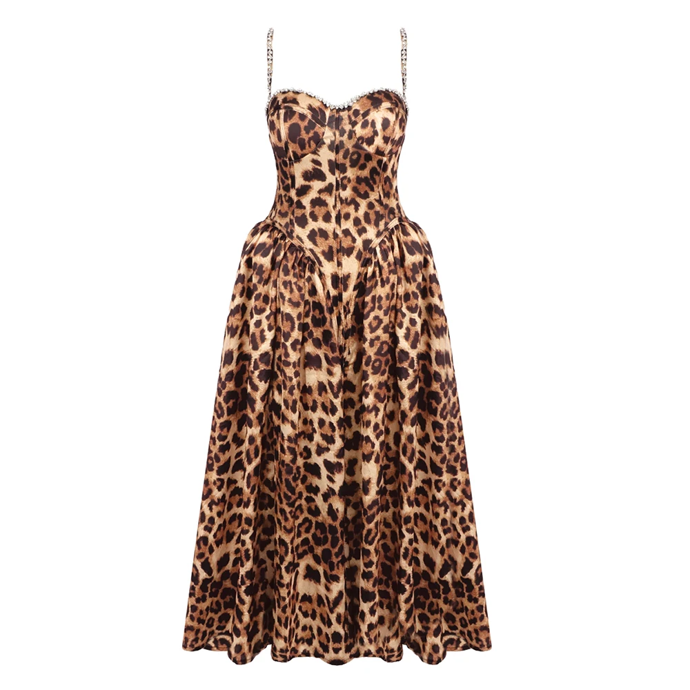 PB 2025 Nieuwe Luipaardprint Lange Jurk met Kristallen Versieringen Vrouw Spaghetti-Strap Mouwloze Jarretel Jurken Vestidos