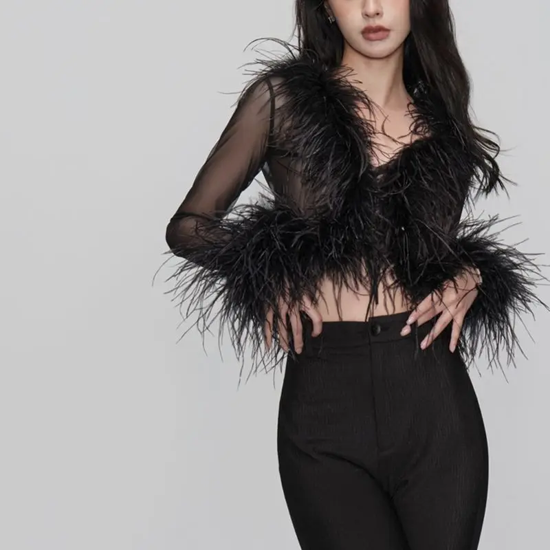 Camisa de manga larga de gasa transparente para mujer, cárdigan de fiesta con cuello en V profundo negro, nuevo diseño de plumas de pavo, verano, S3444