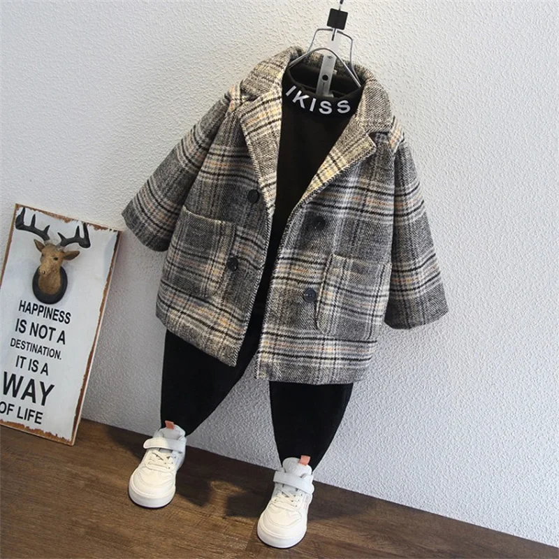 Cotton thickened boy's woolen coat 2025 spring new children's clothing large children's woolen coat children's trench coat