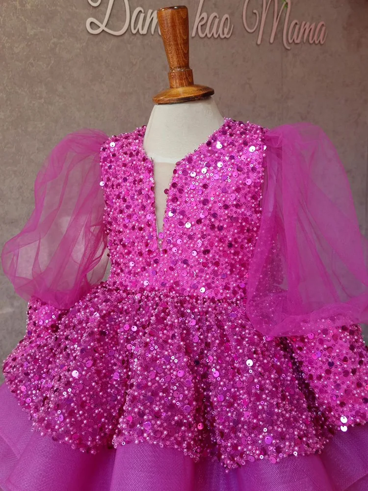 Reti di paillettes per ragazza vestito più grande in pizzo vestito con scollo a V alla vitamina vestito da festa di compleanno per ragazza vestito