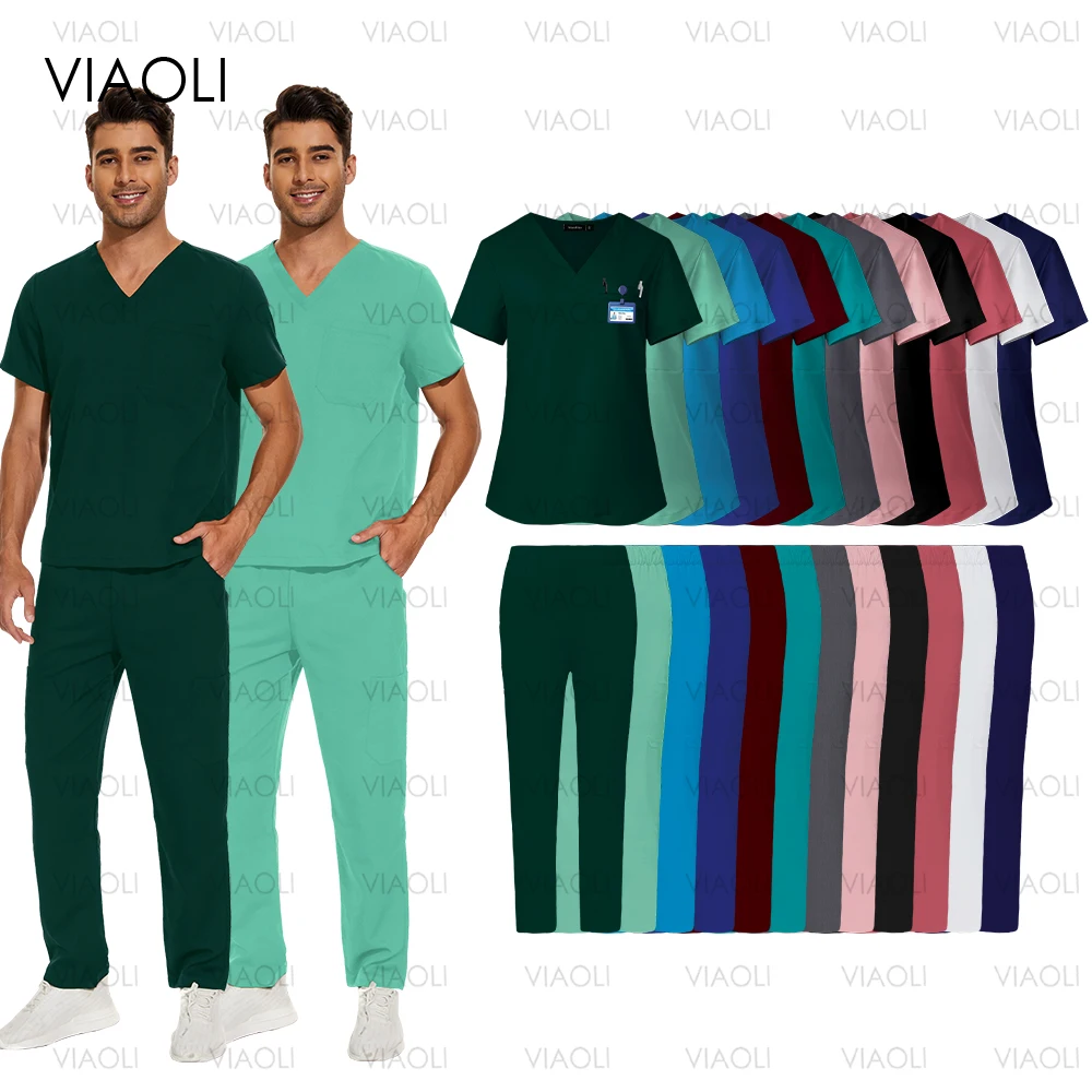 

S-XXXL Hospital Clinical Workwear Nurse Uniforms Scrub Set Unisex Shirt Straight Pants Nursing Accessories Medical Surgical Wear