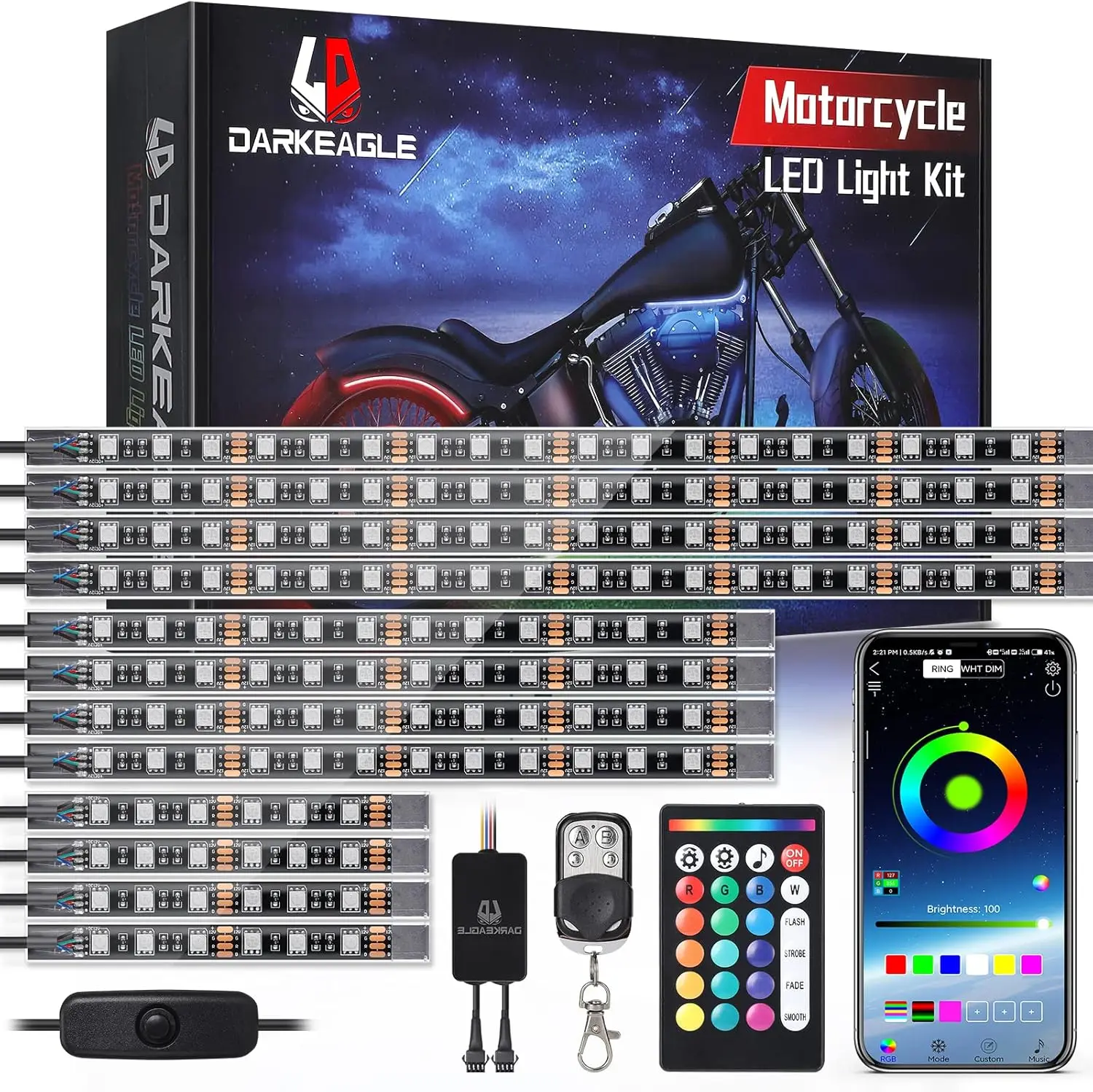 

12PCS Motorcycle RGB LED Light Kit with App/Remote, Waterproof Multi-Color Underglow for Sport Bike & Cruiser