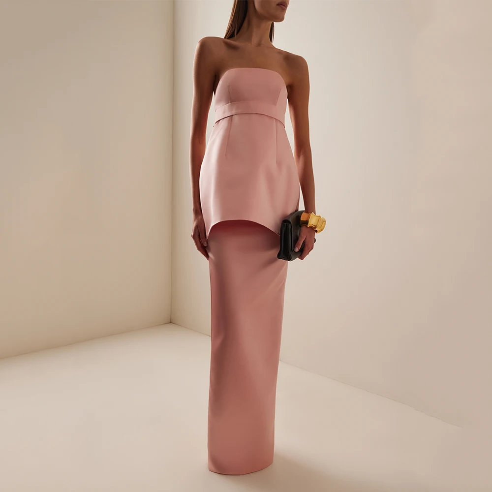 

Индивидуальное современное выпускное платье из двух частей: без бретелек, прямого кроя, женское, длинное, без рукавов, из розового атласа, для торжественных мероприятий, 2026