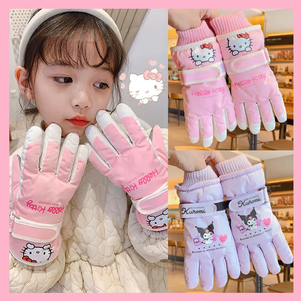 Kuromi Cinnamoroll Hello Kitty Melody Anime Sanrio Children's Ski Waterproof Gloves Plus Velvet Cotton Girls Keep Finger Warmer